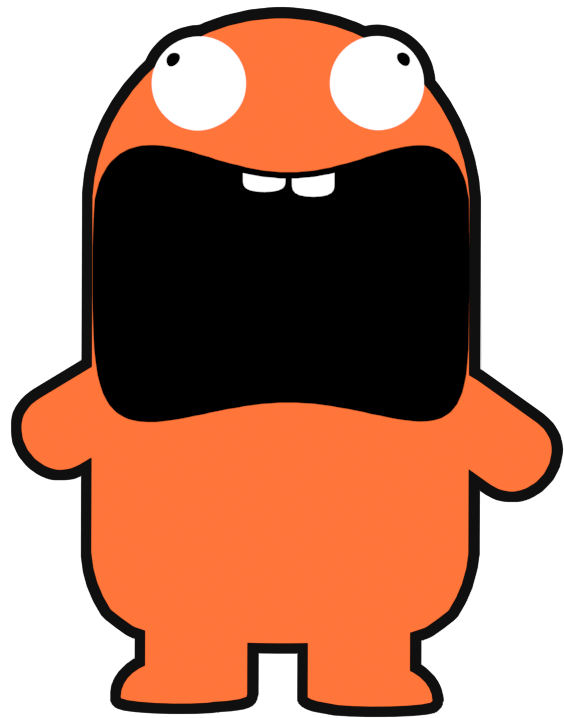 A cartoon video game character with bulging eyes and a huge wide open mouth, either screaming or about to chomp on something.